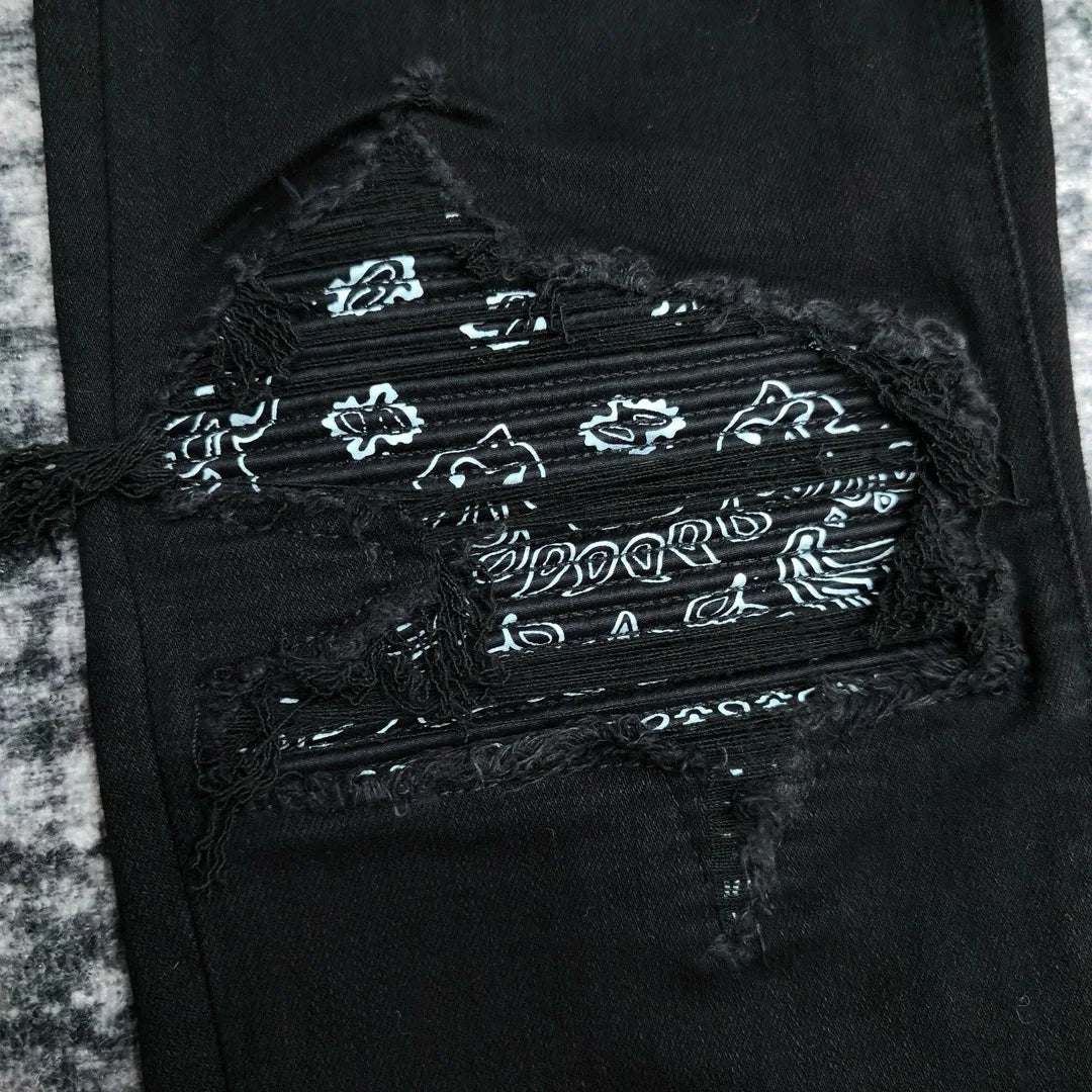Men's Paisley florals prints leather ribbed patch distressed black jeans