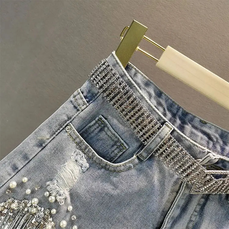 New Beaded High Waist Denim Shorts Women 2025