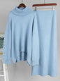 Blue Knit 2-Piece Set – Turtleneck Long Sleeve Sweater & Ankle-Length Skirt for Women
