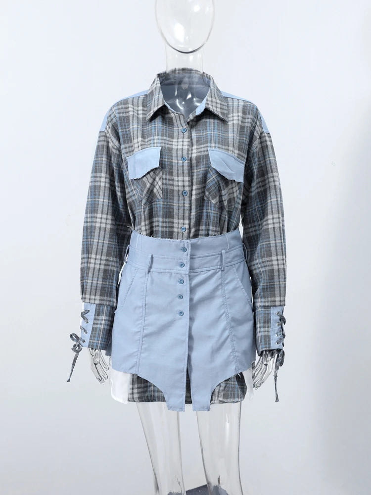 Trendy Women's Shirt with Denim-Like Belted Waist Skirt Set Chic Office Casual Outfit