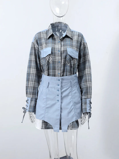 Trendy Women's Shirt with Denim-Like Belted Waist Skirt Set Chic Office Casual Outfit