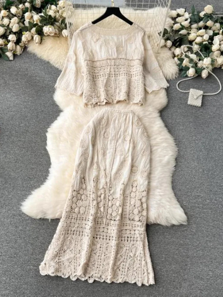 Elegant & Effortless: 2025 Lace Hollow Top and Swing Skirt Set
