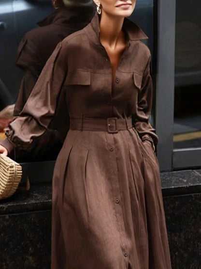 Long Sleeve Lapel Shirt Dress Pleated Belt Maxi Dress Fall 2025