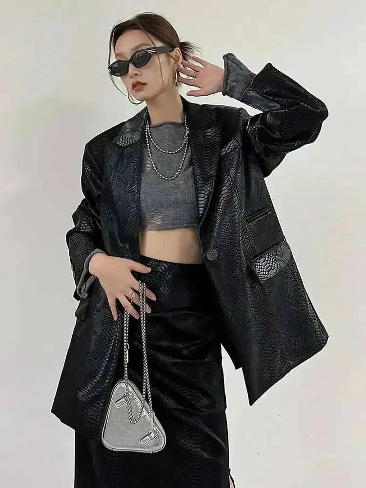 Black Serpentine PU Leather Jacket for Women 2025
