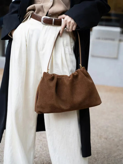 Elegant Khaki Coffee Matte Suede Shoulder Bag