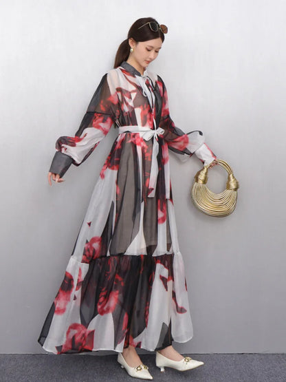 2025 Summer New O Neck Long Sleeve Loose Mid Long Styles Girdling Waist Dress Women