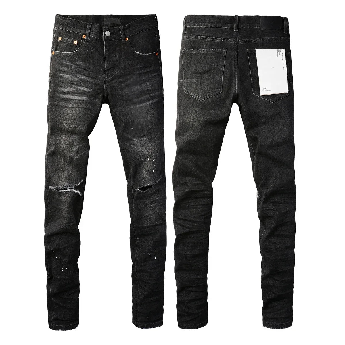 Men's Luxury Distressed Black Streetwear High Stretch Skinny Button Fly Ripped Jean Pants