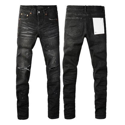 Men's Luxury Distressed Black Streetwear High Stretch Skinny Button Fly Ripped Jean Pants