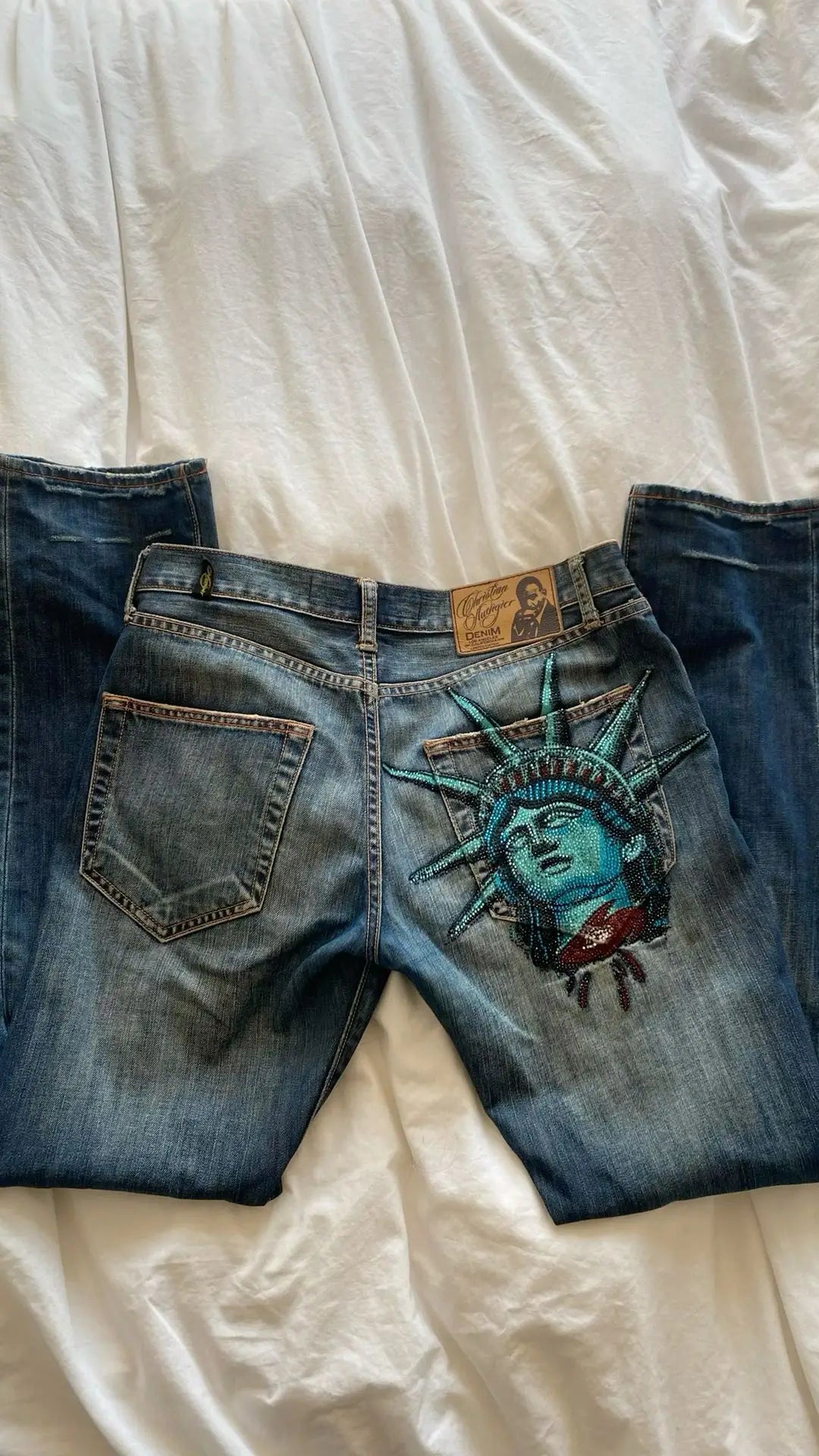 Y2k 2000s Statue of Liberty Diamond Print Harajuku Jeans