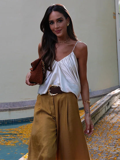 Elegant Women Vest Pants Set Solid Sling V-neck Backless Tops Belt Zipper Wide Leg Long Trouser Lady Suit