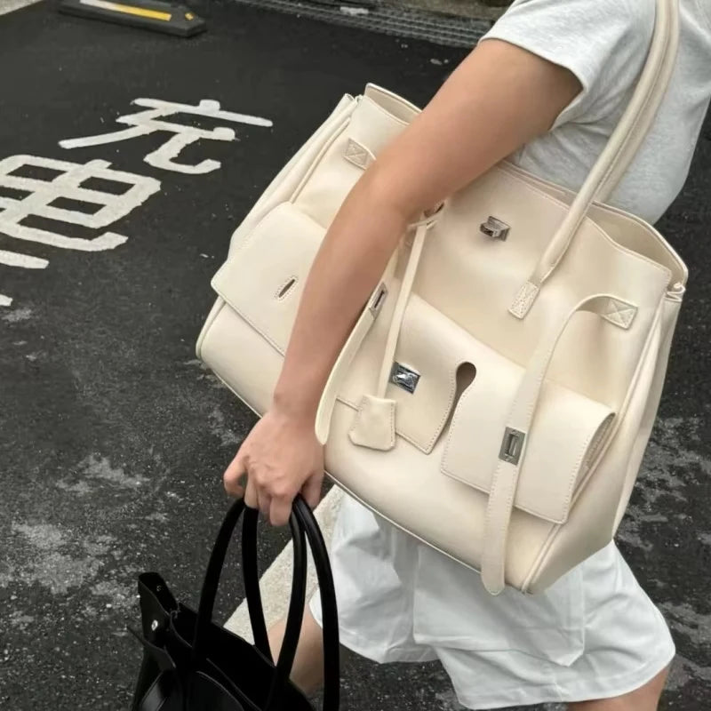 Luxury Leather Wing Tote Bag for Women – Large Lock Clutch Shoulder Bag