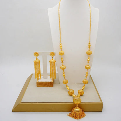 Necklace & Earrings (Tassel Style) for Women, 24K Gold, AU999 Gold-inlaid vine with twisted-leaf tassels, embodying forest grace