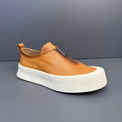 Handmade Fashion Men Zipper Loafers Thick Platform Cowhide Genuine Leather Casual Shoes