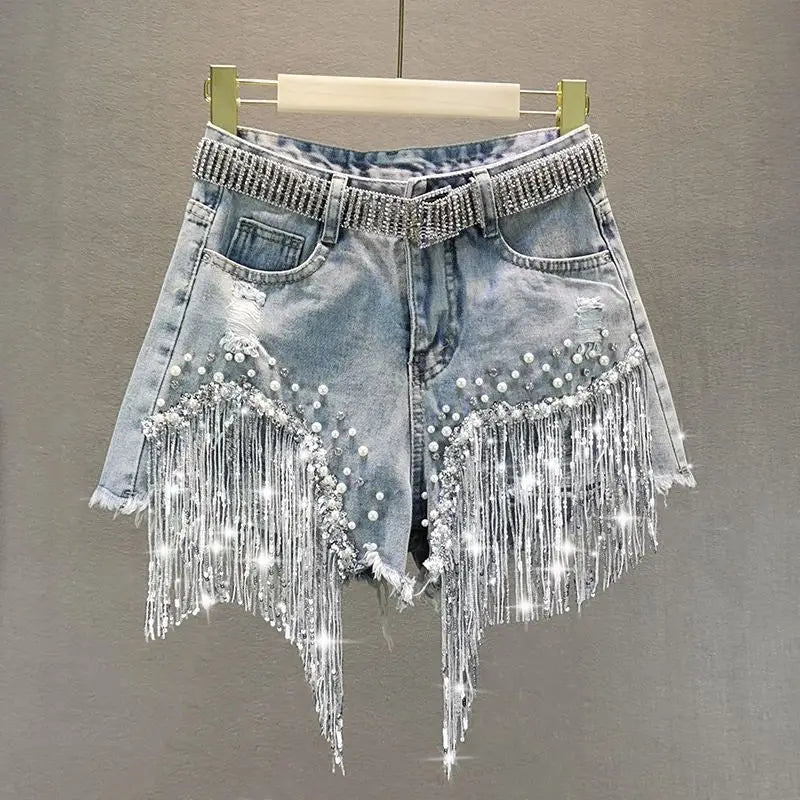 New Beaded High Waist Denim Shorts Women 2025