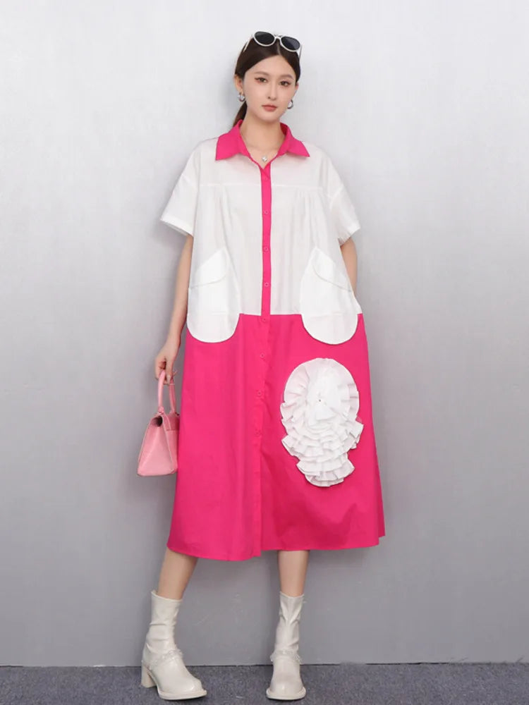 2025 Summer New Turn-down Collar Short Sleeve Single Breasted Dress Women
