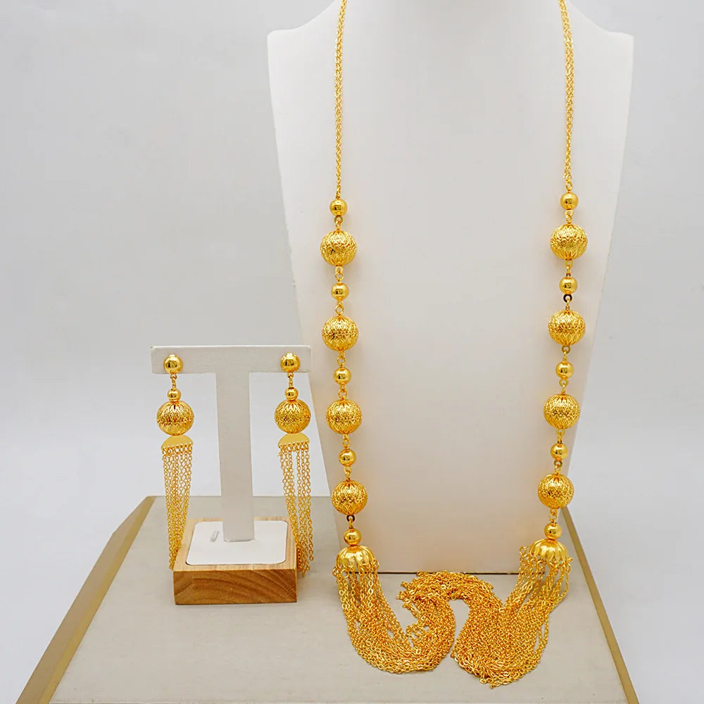 Necklace & Earrings (Tassel Style) for Women, 24K Gold, AU999 Gold-inlaid vine with twisted-leaf tassels, embodying forest grace