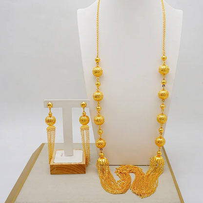 Necklace & Earrings (Tassel Style) for Women, 24K Gold, AU999 Gold-inlaid vine with twisted-leaf tassels, embodying forest grace