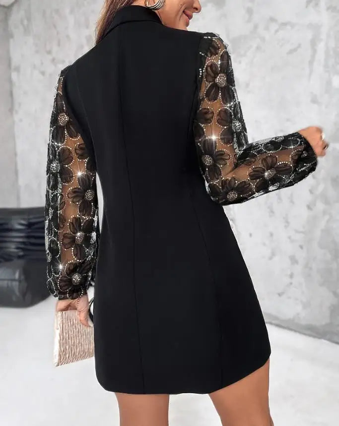 Rhinestone Mesh Blazer Dress Elegant Lantern Sleeve Dress