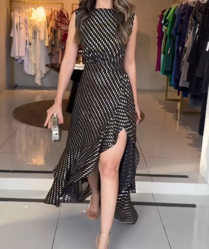 Women's Elegant Black & Gold Midi Dress  Sleeveless Tiered Ruffle Dress