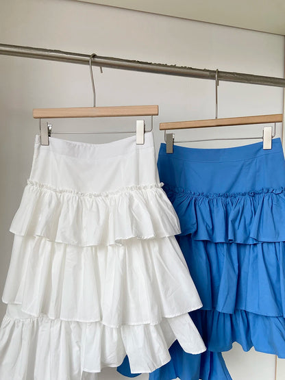 Blue High Waist Irregular Ruffles Knee-Length Skirt Women Fashion New 2025