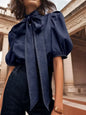 New Trendy Imitation Denim Blouse Puff Sleeves & Bow Neck for Women
