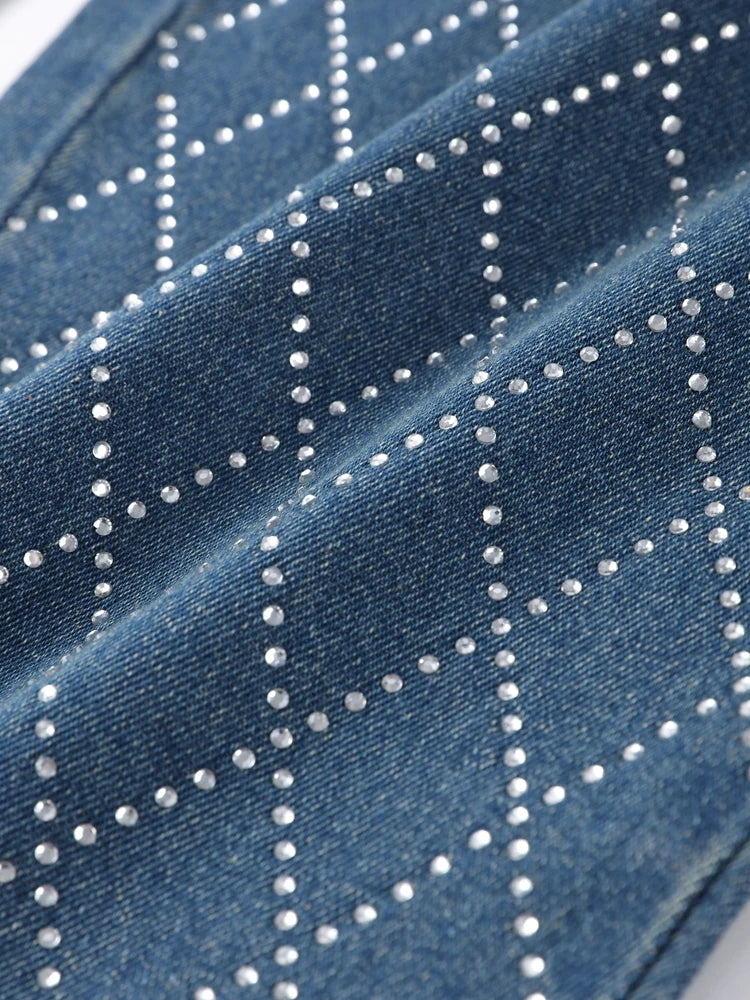 Trendy Shiny Denim Jeans Pant With Rhinestones For Women Diamond-Patterned Trousers