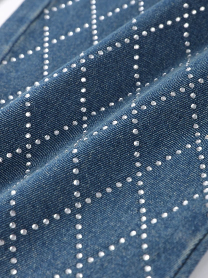Trendy Shiny Denim Jeans Pant With Rhinestones For Women Diamond-Patterned Trousers