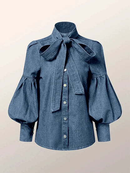 New Trendy Imitation Denim Blouse Puff Sleeves & Bow Neck for Women