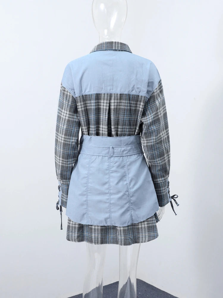 Trendy Women's Shirt with Denim-Like Belted Waist Skirt Set Chic Office Casual Outfit