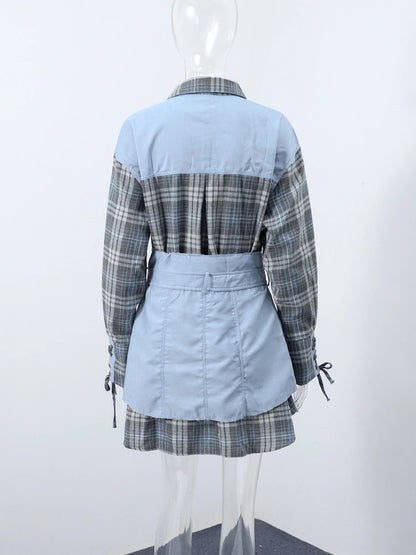 Trendy Women's Shirt with Denim-Like Belted Waist Skirt Set Chic Office Casual Outfit