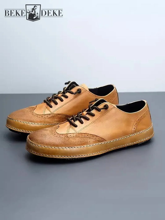 Handmade Vintage Wing Tip Brogues Men Platform Slip On Loafers Cowhide Genuine Leather
