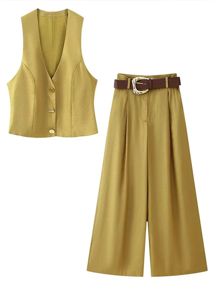 Elegant Women Vest Pants Set Solid Sling V-neck Backless Tops Belt Zipper Wide Leg Long Trouser Lady Suit