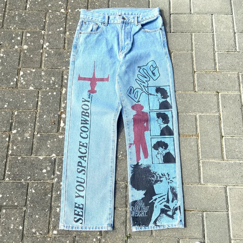 Y2K Anime Baggy Denim Pants Trend Hand Drawn Printed Pattern Unisex Jeans