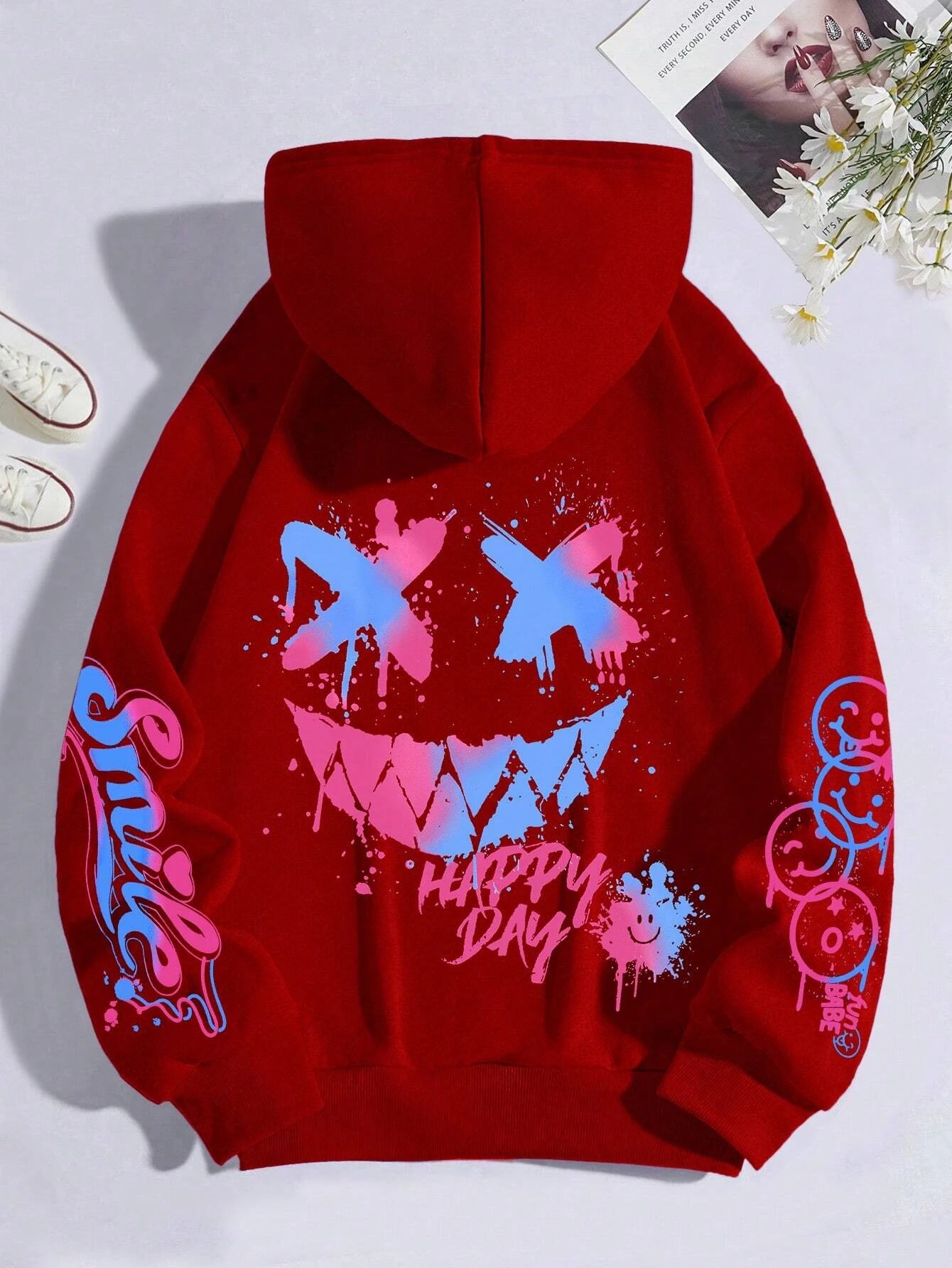 Happy Day Graffiti Print Women Hoodie Oversize Street Hip-Hop Hoody Fashion