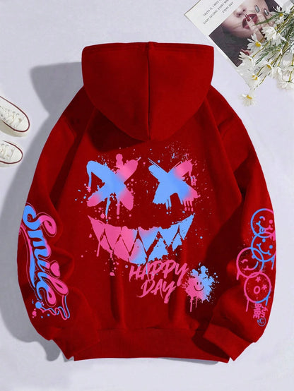 Happy Day Graffiti Print Women Hoodie Oversize Street Hip-Hop Hoody Fashion
