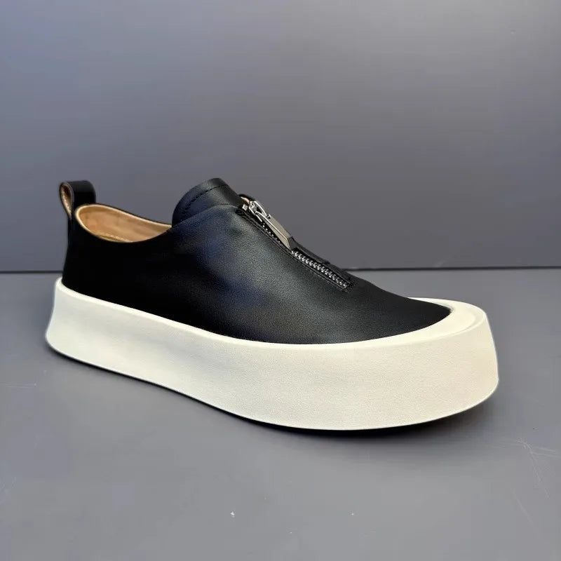 Handmade Fashion Men Zipper Loafers Thick Platform Cowhide Genuine Leather Casual Shoes