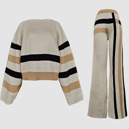 2 Piece Sets Women Outfit Pant Sets 2025 New Round-Neck Pullovers Khaki Sweater Striped  Tops & Bottoms