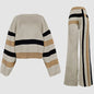 2 Piece Sets Women Outfit Pant Sets 2025 New Round-Neck Pullovers Khaki Sweater Striped  Tops & Bottoms