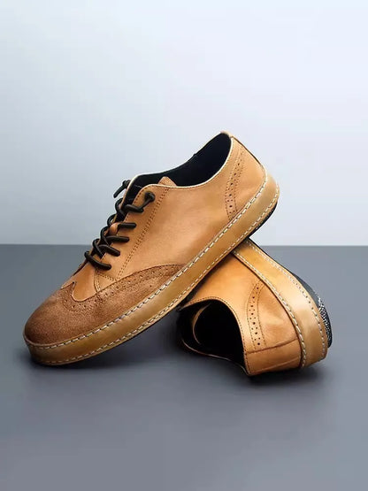 Handmade Vintage Wing Tip Brogues Men Platform Slip On Loafers Cowhide Genuine Leather