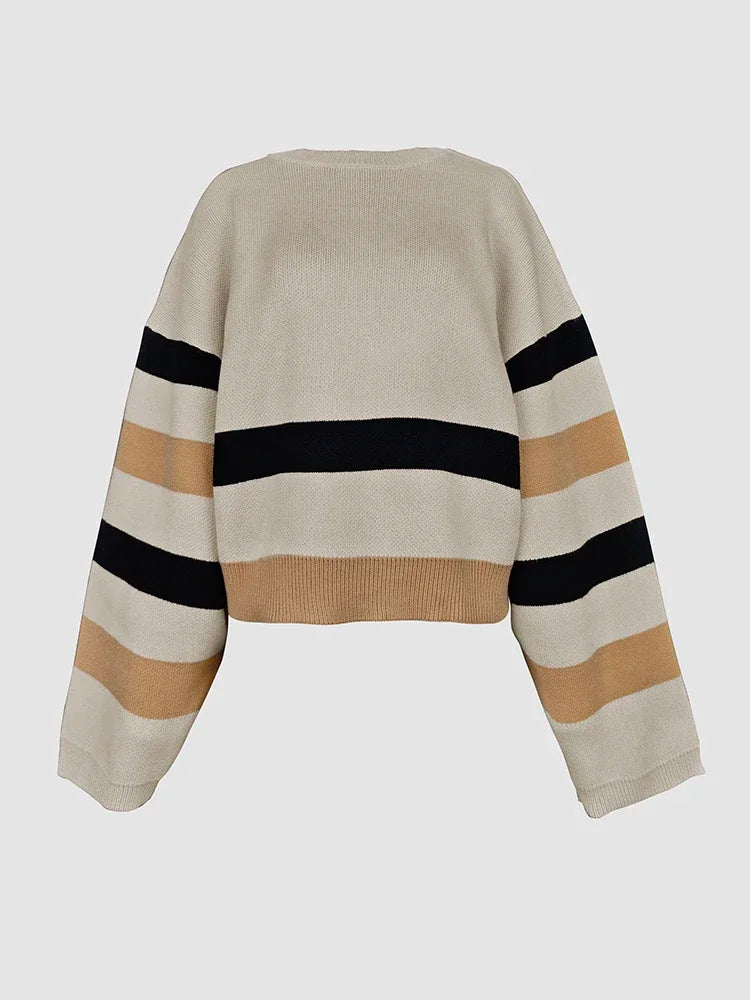 2 Piece Sets Women Outfit Pant Sets 2025 New Round-Neck Pullovers Khaki Sweater Striped  Tops & Bottoms