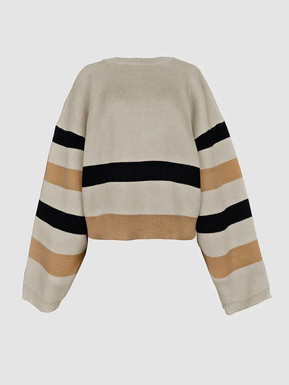 2 Piece Sets Women Outfit Pant Sets 2025 New Round-Neck Pullovers Khaki Sweater Striped  Tops & Bottoms