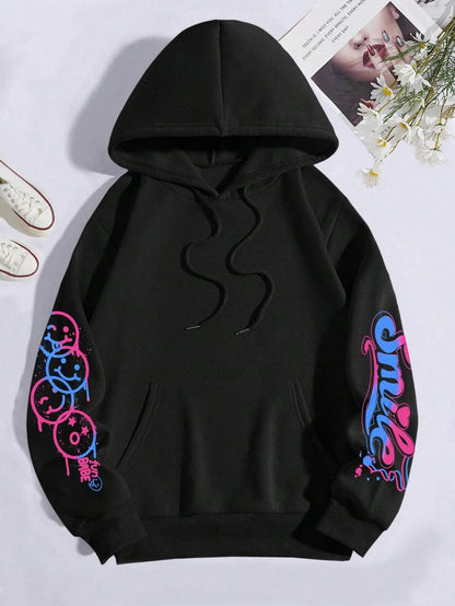 Happy Day Graffiti Print Women Hoodie Oversize Street Hip-Hop Hoody Fashion