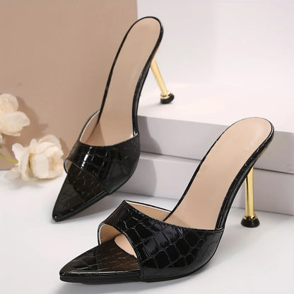 Glamorous Crocodile Texture High Heel Sandals - Chic Slip-On Stilettos with Pointy Peep Toe