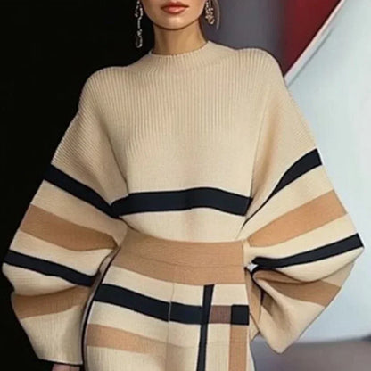 2 Piece Sets Women Outfit Pant Sets 2025 New Round-Neck Pullovers Khaki Sweater Striped  Tops & Bottoms