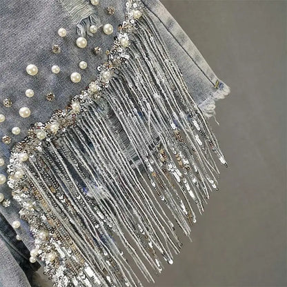 New Beaded High Waist Denim Shorts Women 2025