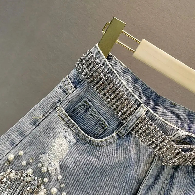 New Beaded High Waist Denim Shorts Women 2025