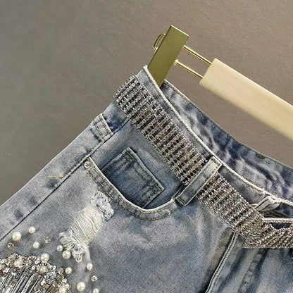 New Beaded High Waist Denim Shorts Women 2025