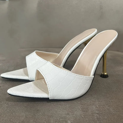 Glamorous Crocodile Texture High Heel Sandals - Chic Slip-On Stilettos with Pointy Peep Toe