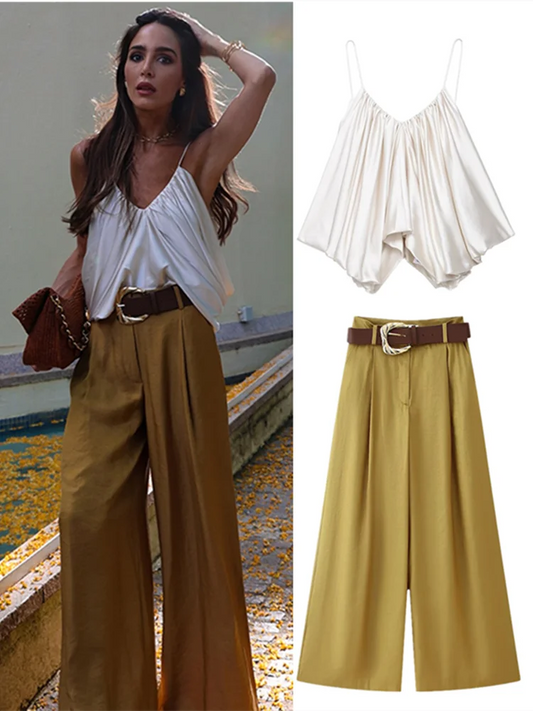 Elegant Women Vest Pants Set Solid Sling V-neck Backless Tops Belt Zipper Wide Leg Long Trouser Lady Suit