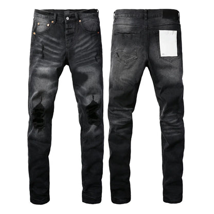 Men's Luxury Distressed Black Streetwear High Stretch Skinny Button Fly Ripped Jean Pants